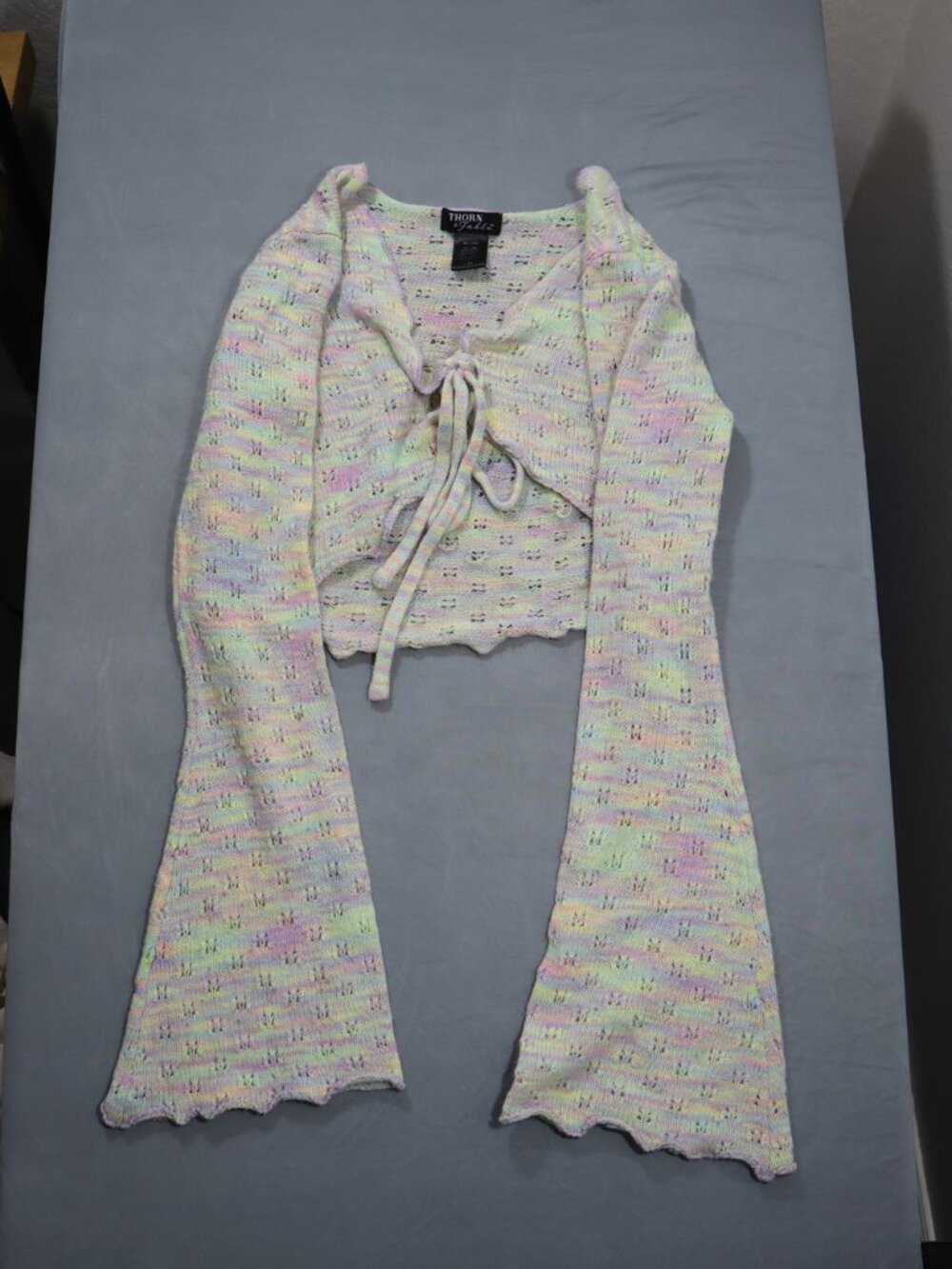 Thorn & Fable Tie Front Cropped Cardigan S/M Pastel Rainbow Bell Sleeve Knit